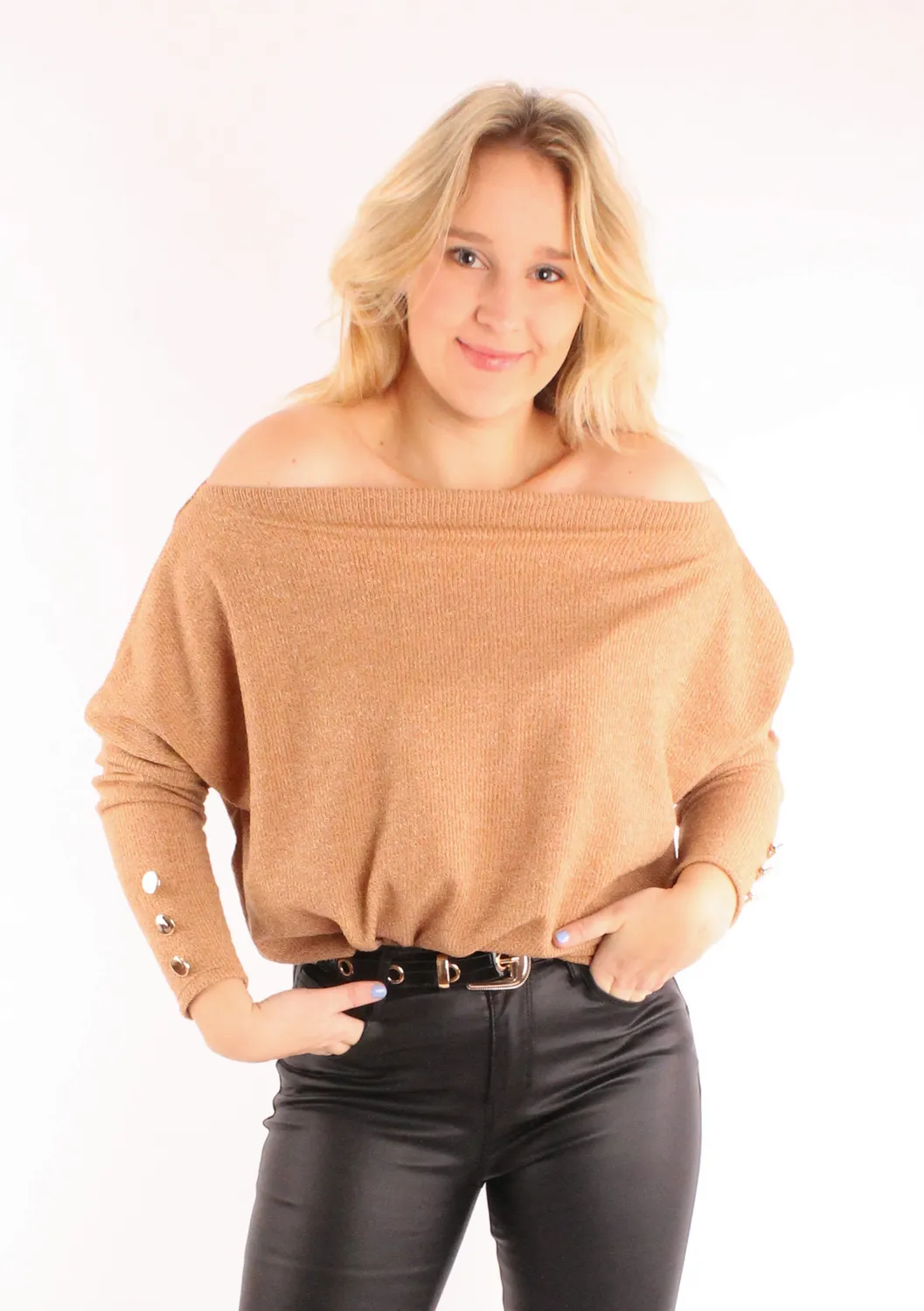 Lovedrunky Off-Shoulder trui camel zachte brei