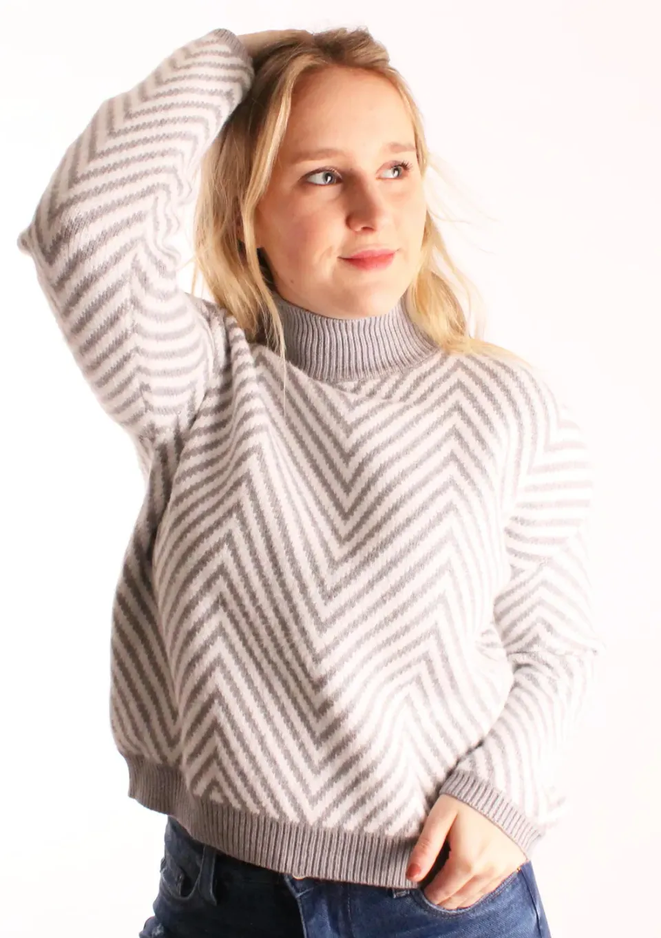 LOVEDRUNKY Zig Zag sweater grijs wit zachte knit