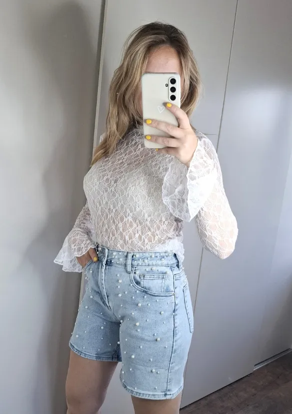 LOVEDRUNKY Parels short blauwe denim hoge taille