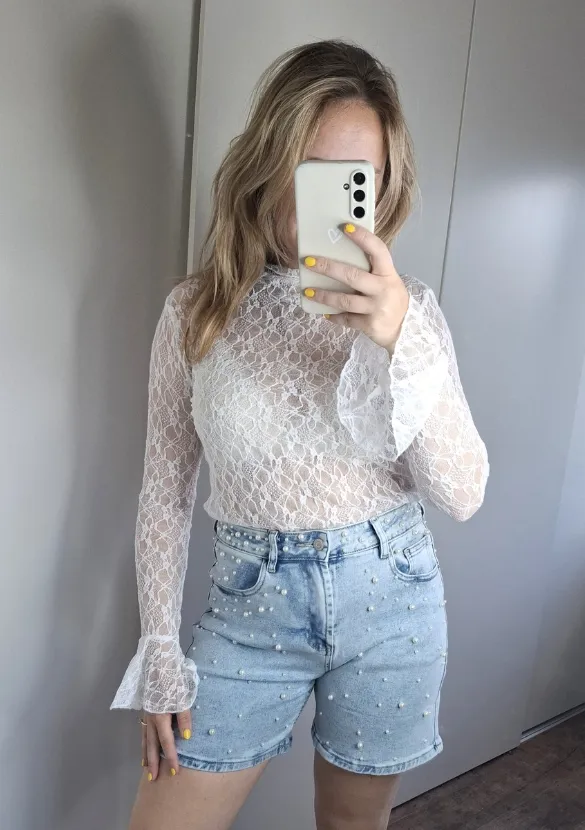 LOVEDRUNKY Parels short blauwe denim hoge taille