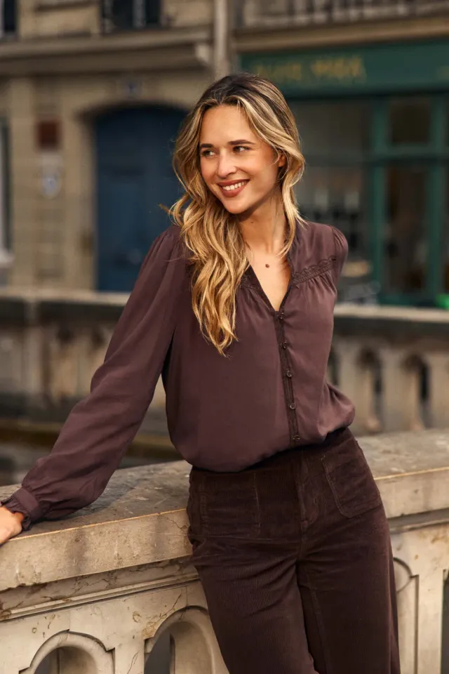 La Petite Etoile Bowen blouse bruin borduursel volant