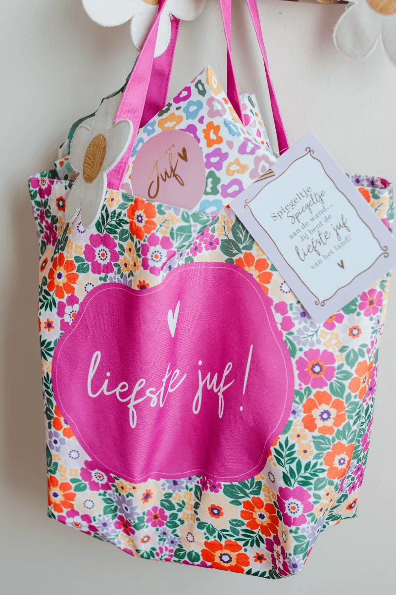 Amiek Liefste Juf canvas tas summer flower groot
