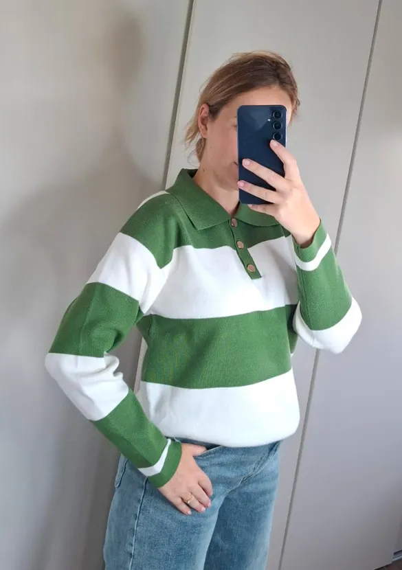 LOVEDRUNKY Polo Trui Groen-Wit Gestreept Knit