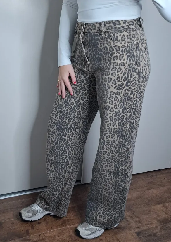 LOVEDRUNKY Leopard Wide Leg Jeans Bruin stretch
