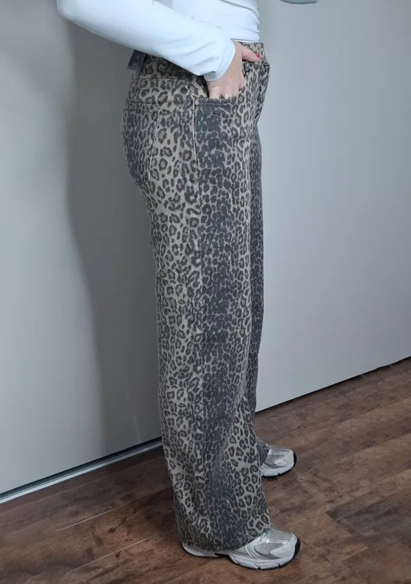 LOVEDRUNKY Leopard Wide Leg Jeans Bruin stretch