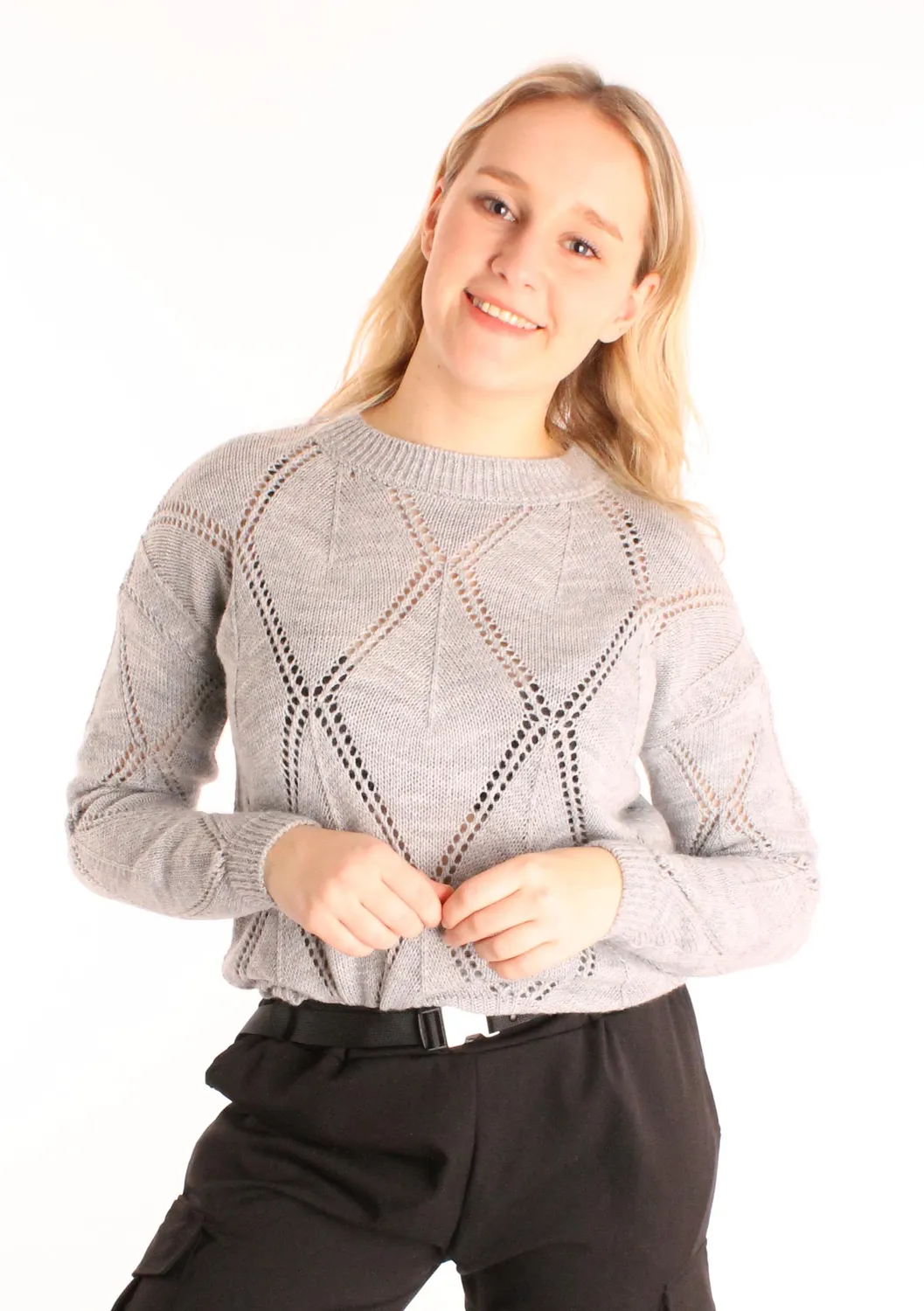 LOVEDRUNKY Open Knit sweater grijs ruit one size