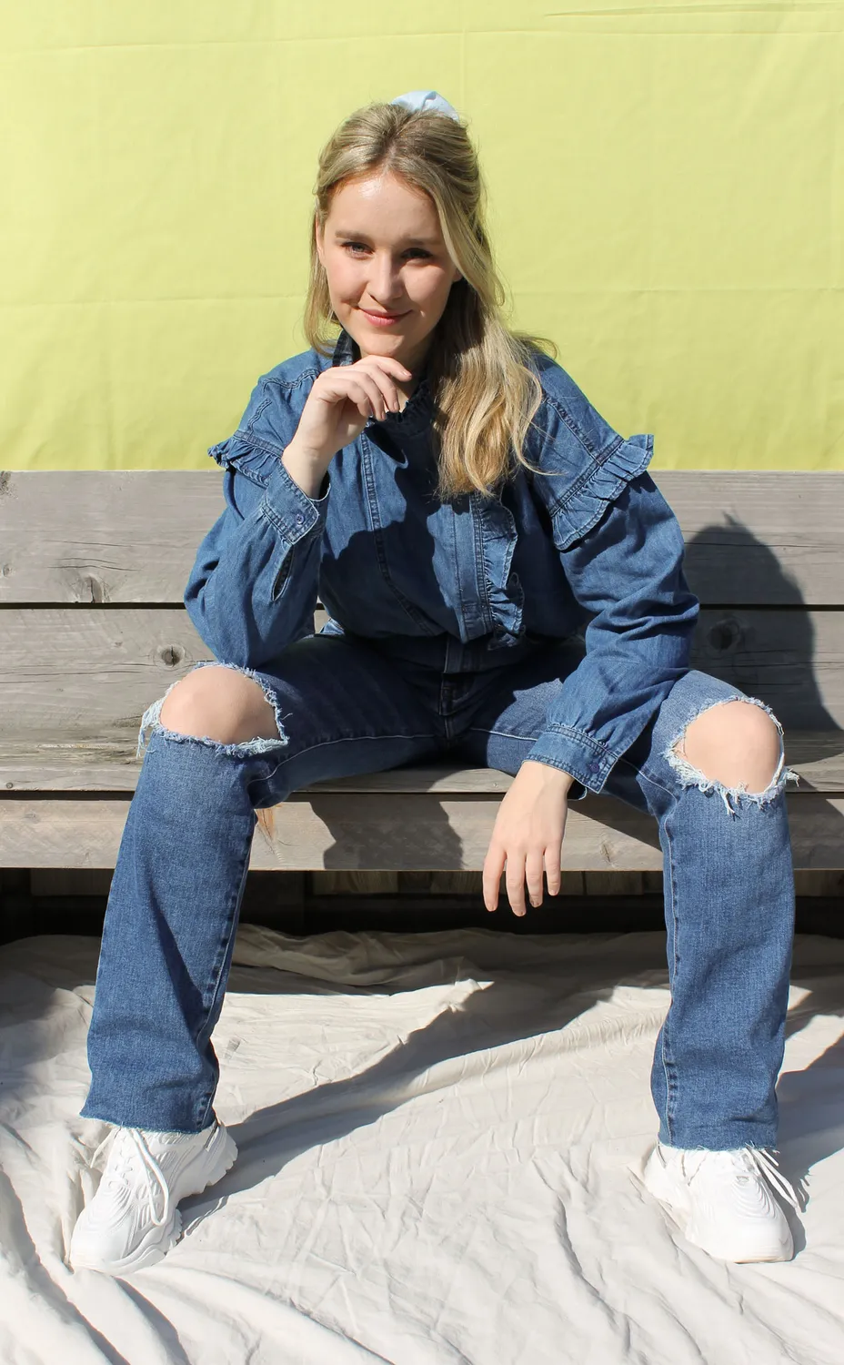 LOVEDRUNKY Spijkerblouse donkerblauw denim met ruches