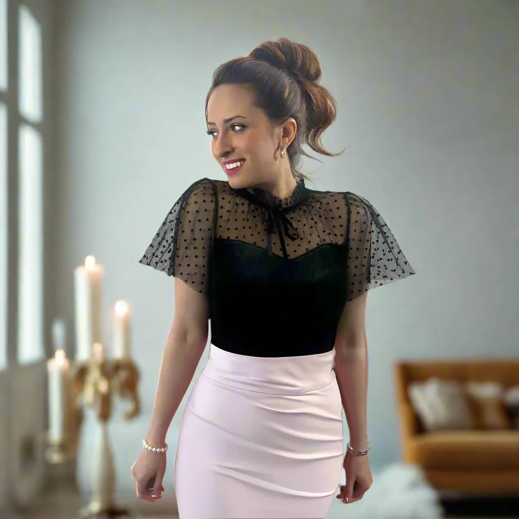 Tatyana Colette blouse zwart fluweel stippen tule