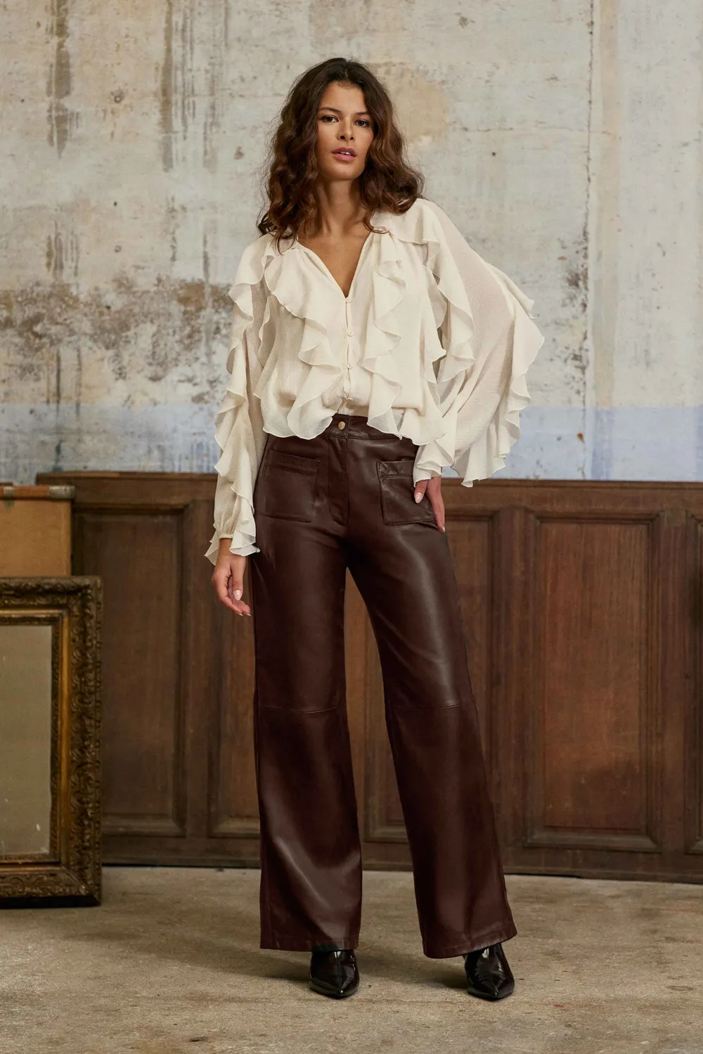 La Petite Etoile Atlanty leren broek wijd bruin