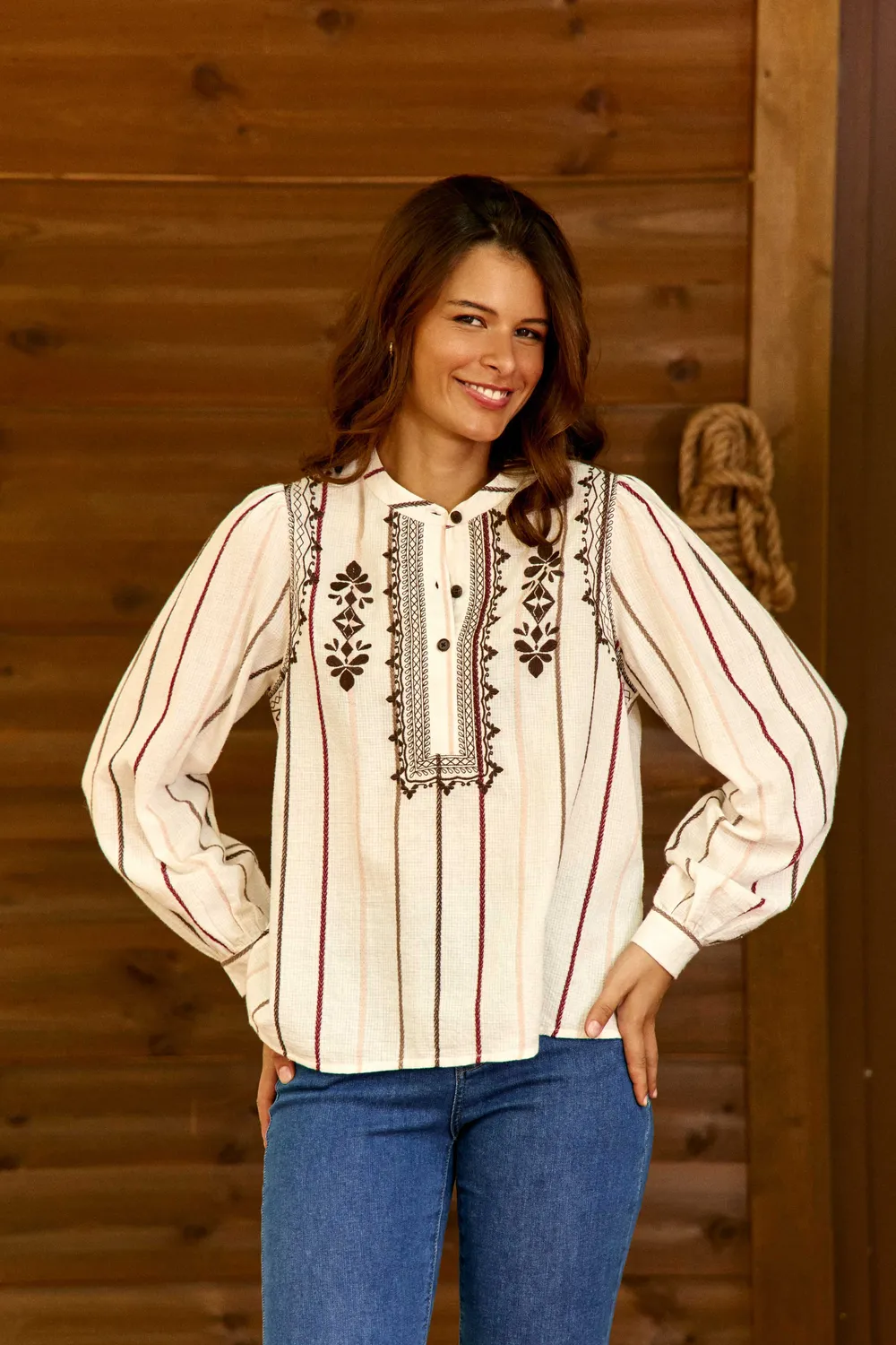 La Petite Etoile Briar blouse ecru etnische streep borduursel