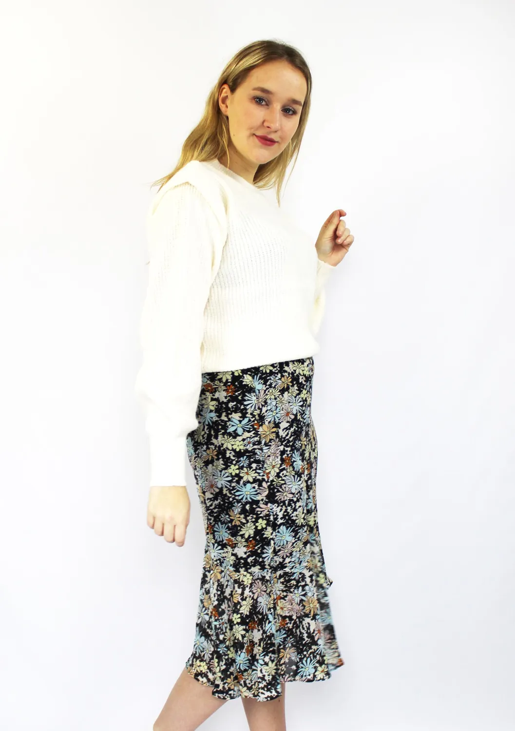 Lovedrunky Flowers midi rok zwart met ruffle