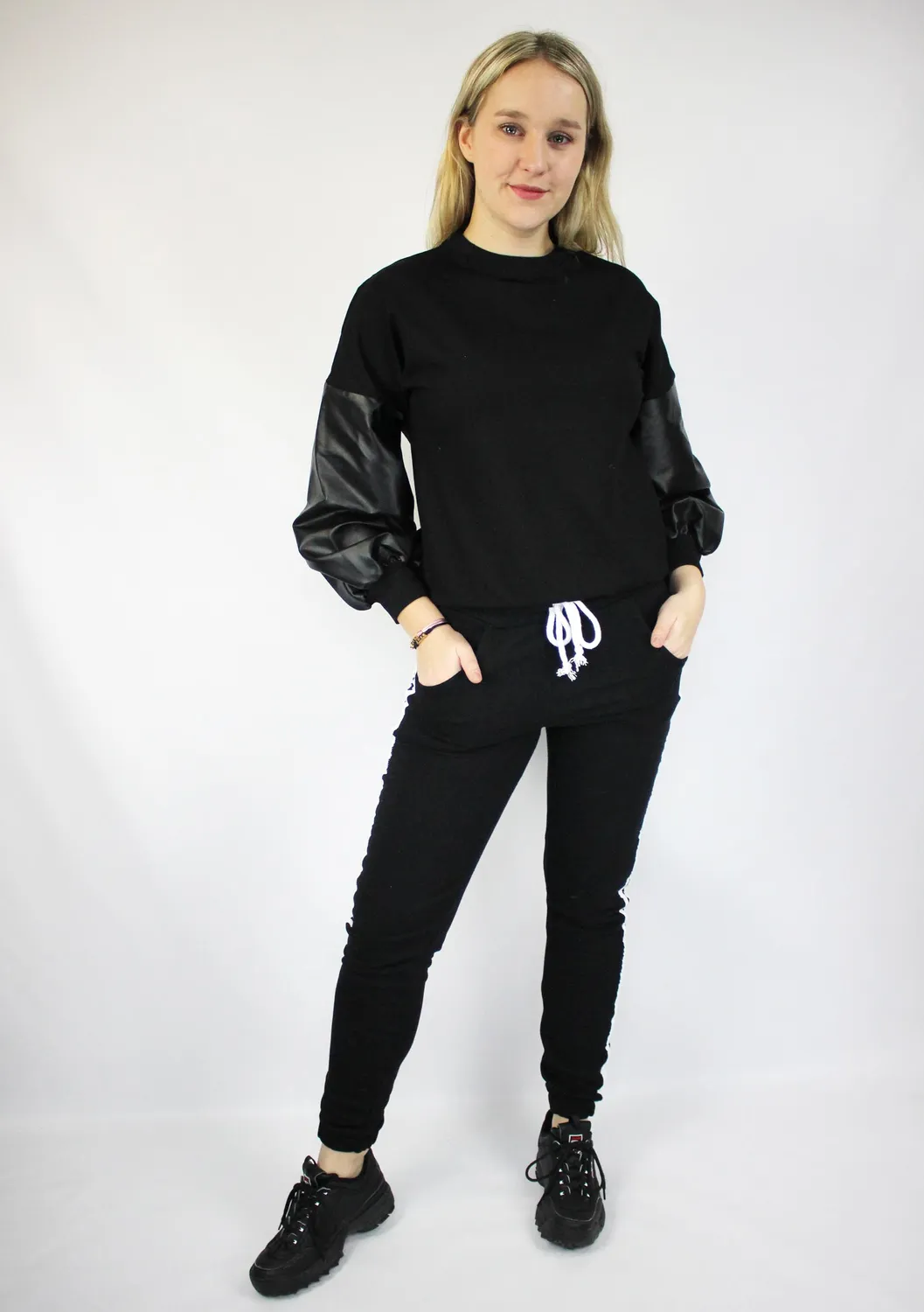 Lovedrunky PU sweater zwart leer-mouwen
