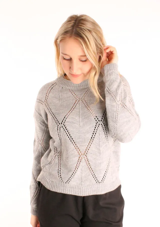 LOVEDRUNKY Open Knit sweater grijs ruit one size