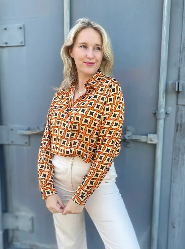 LOVEDRUNKY Blouse Retro blouse oranje retroprint