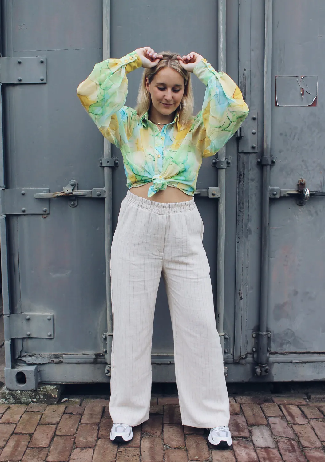 LOVEDRUNKY Linnen Gestreept broek beige wide leg