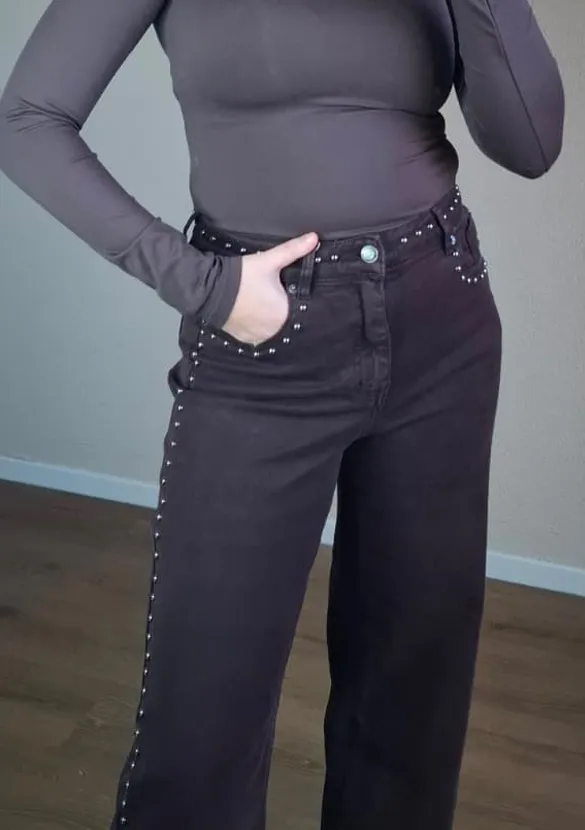 LOVEDRUNKY Wide Leg Studs jeans bruin stretch