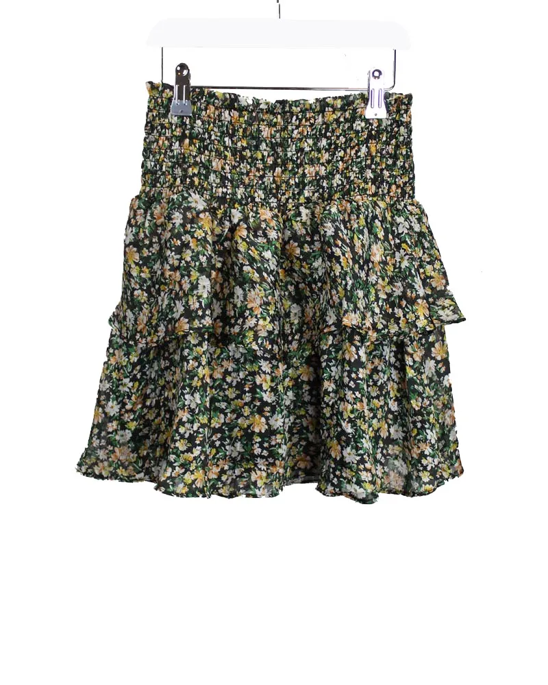 LOVEDRUNKY Ruffle Skirt flowers zwart elastiek