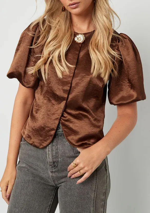 LOVEDRUNKY Top Satin Pofmouw top bruin satijn