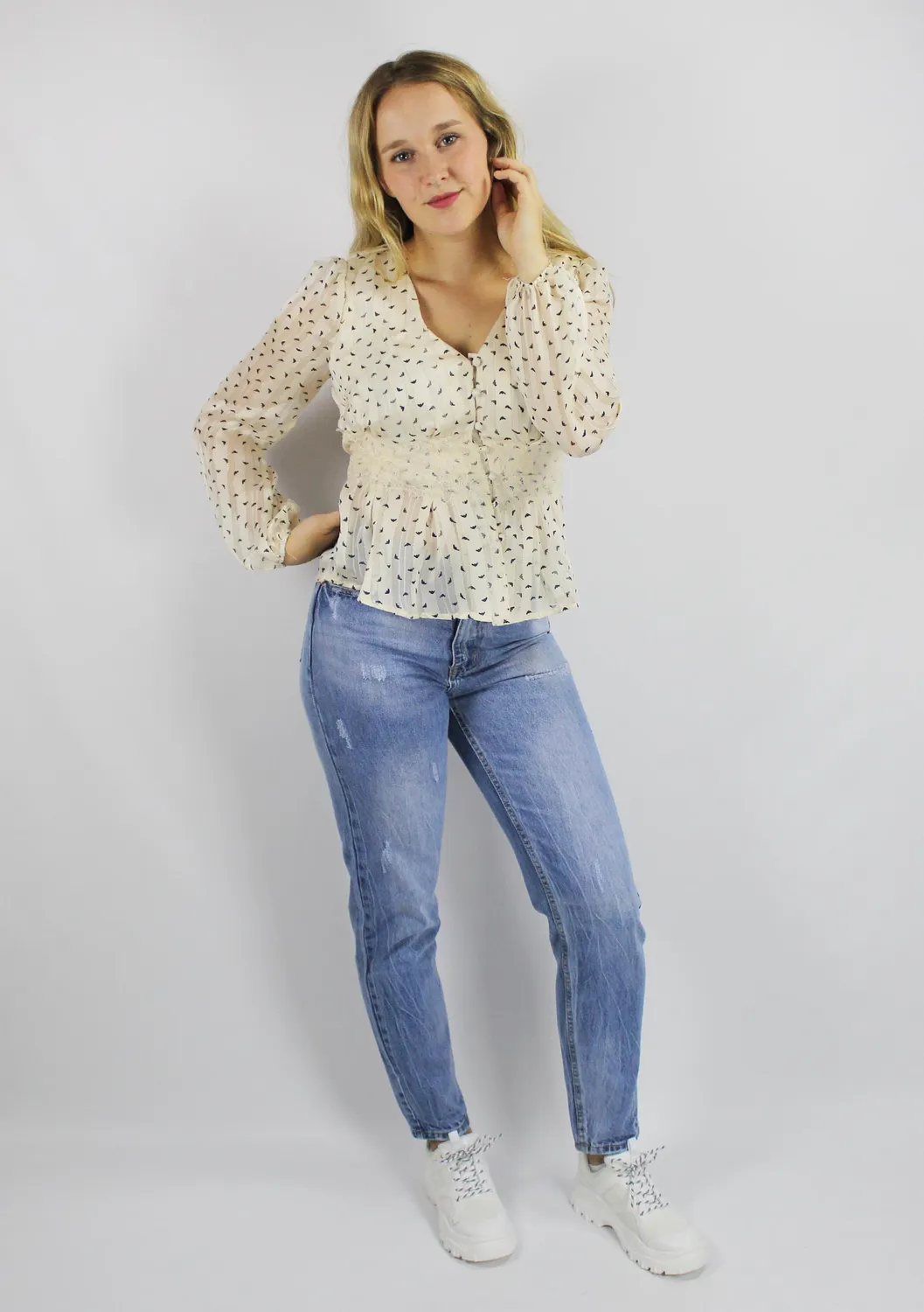 LOVEDRUNKY Birds blouse beige kanten taille