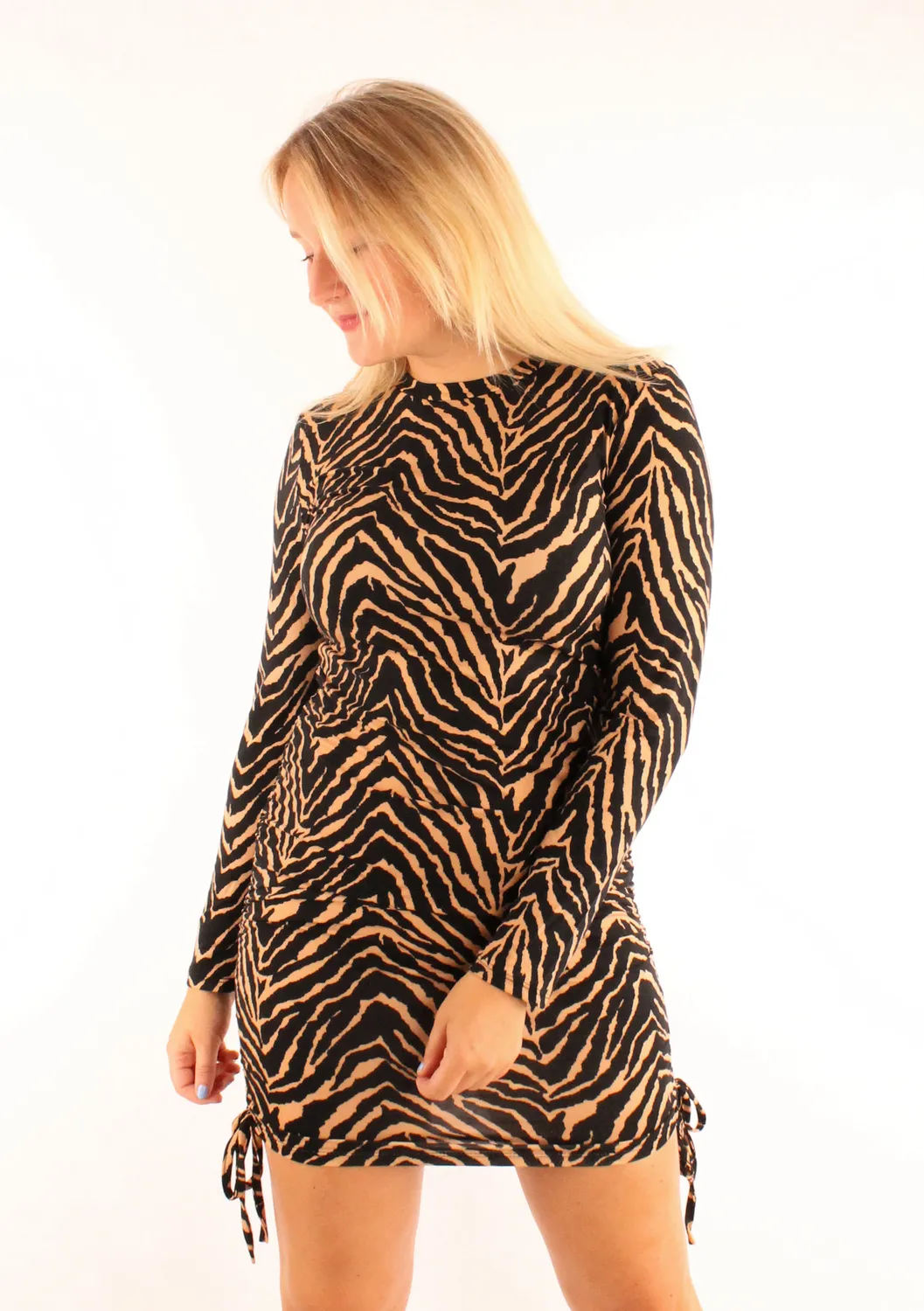 LOVEDRUNKY Animal jurk zwart tijgerprint trekkoord